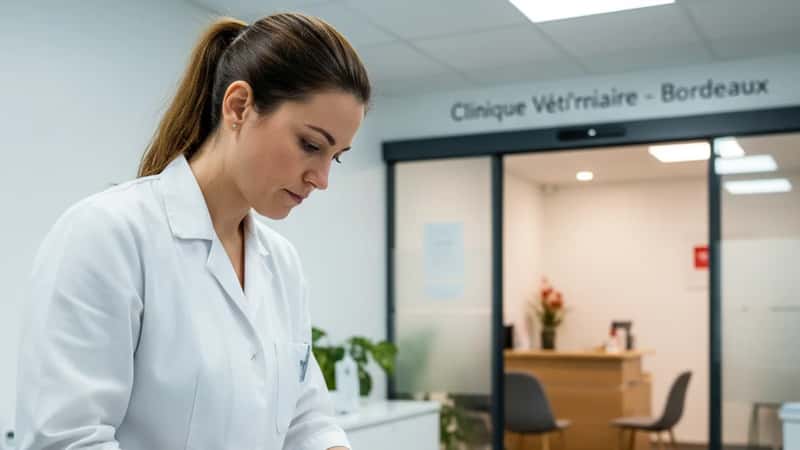 Une vétérinaire française examine un lapin en urgence sur une table de consultation en clinique vétérinaire à Bordeaux