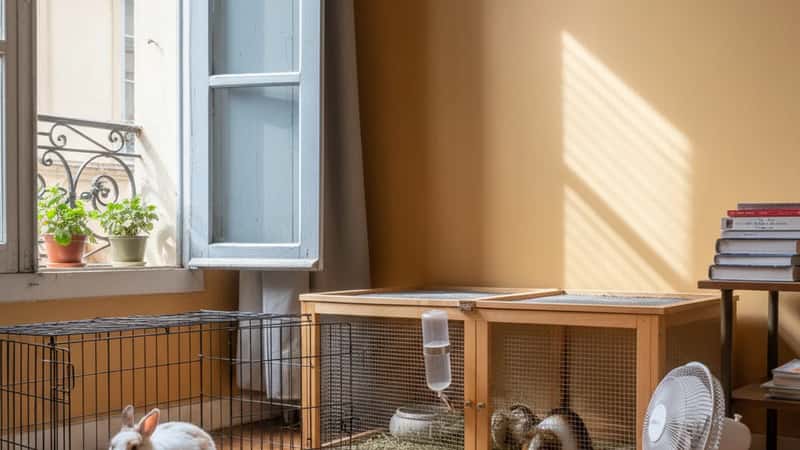 Lapin et cochon d'Inde dans un appartement toulousain en été, ventilateur et bouteilles d'eau fraîche visibles pour les protéger de la chaleur