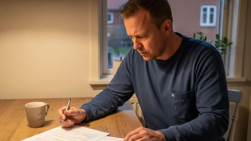 Specialarbejder i Kolding sammenligner OK24 og OK26 overenskomstdokumenter ved køkkenbord om aftenen