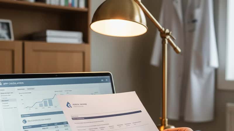 Pensjonsoversikt og AFP-kalkulator på laptop i hjem-kontor i Fredrikstad med apotekfrakk synlig