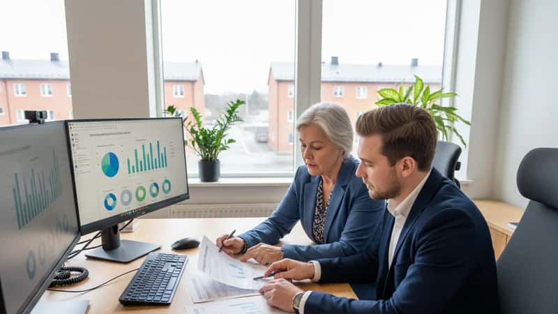 Apotektekniker i Fredrikstad møter finansrådgiver for pensjonsveiledning ved skrivebord