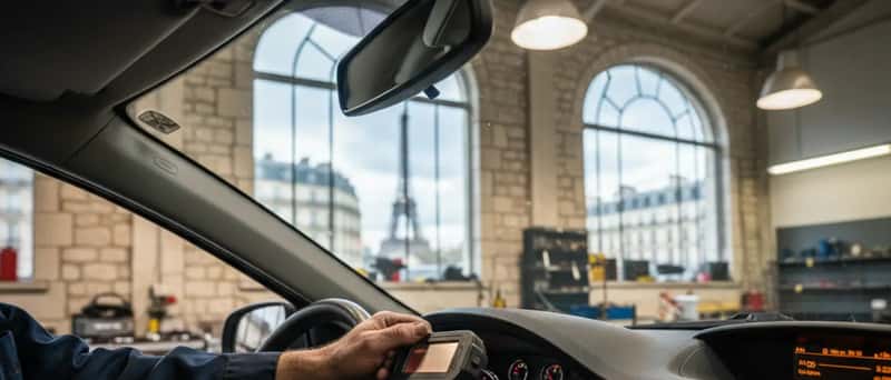 Mechanic connecting an OBD-II diagnostic scanner to a car's port under the steering column in an Icelandic workshop