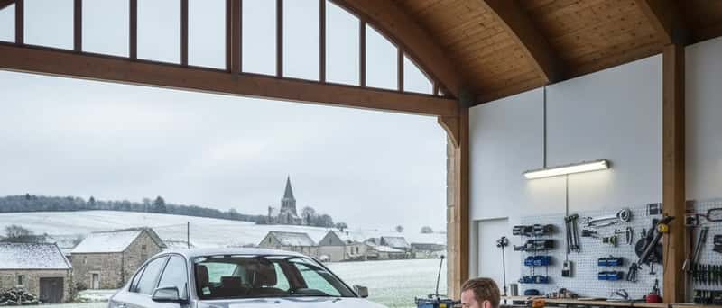 Mechanic kneeling beside a sedan with an impact wrench during a seasonal tyre changeover in an Icelandic workshop