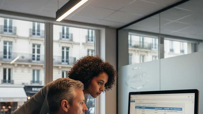 HR manager showing PLAWA leave balance on computer screen to a colleague in a Chicago office