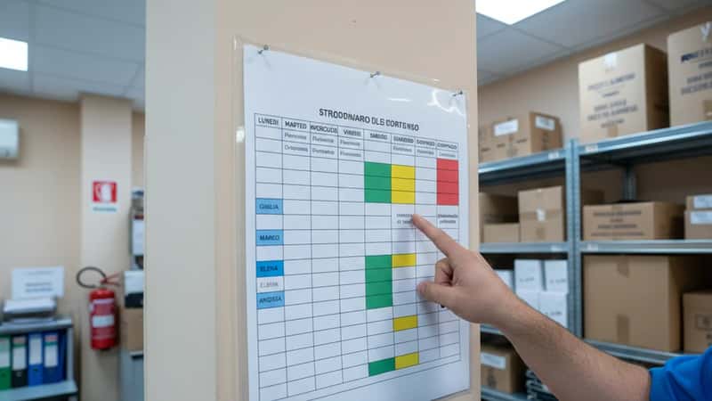 Turno di lavoro e ore straordinarie evidenziate su un tabellone schedario in un magazzino di Genova