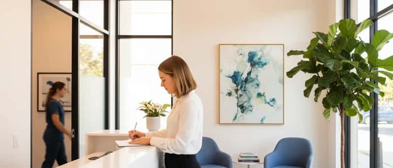 Patient checking in at the reception desk of a modern dermatology practice