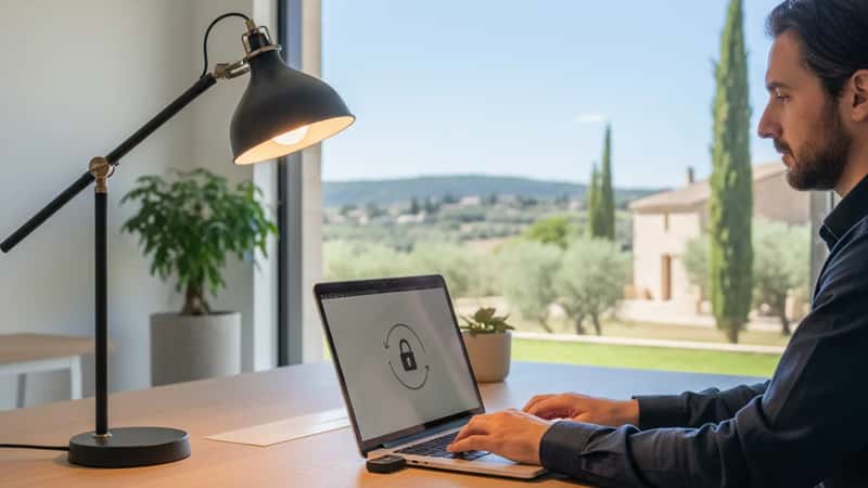 IT-Sicherheitsexperte prüft Systemeinstellungen an zwei Monitoren in einem Wiener Büro