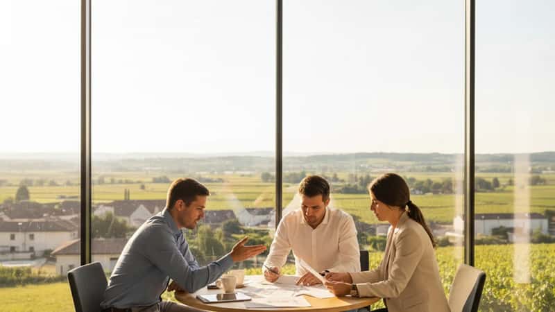 Team bespricht IT-Notfallplan an einem Besprechungstisch in einem modernen österreichischen Büro