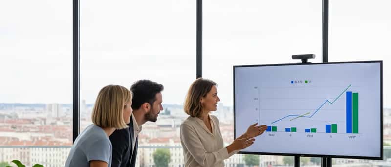 Couple français consultant un conseiller financier dans un bureau moderne à Lyon