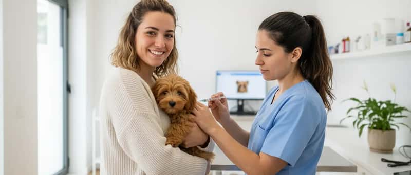 Enfermeira veterinária a vacinar um cachorro ao colo do seu dono numa clínica portuguesa