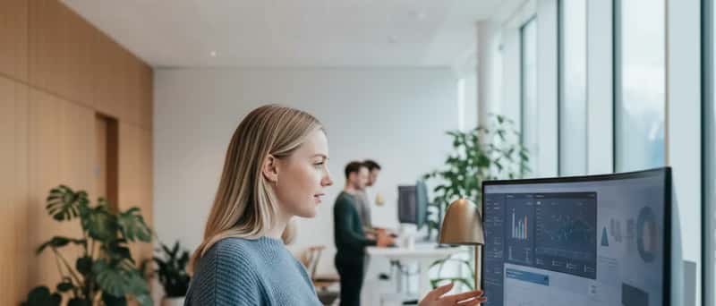 IT-spesialist analyserer data på buet skjerm i lyst norsk kontorlandskap