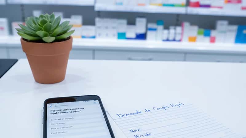 Smartphone med Försäkringskassan-ansökan bredvid handskriven semesteransökan vid apoteksdisk