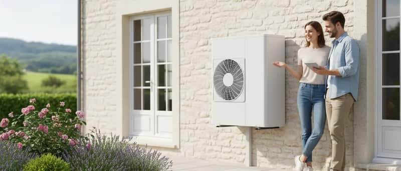 Unité extérieure de pompe à chaleur air-eau installée près d'une maison de banlieue française avec jardin