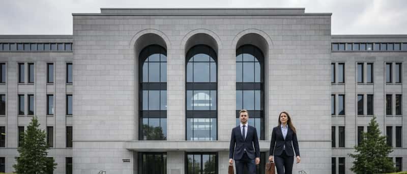 Professionele advocaten lopen de trappen op van een Nederlands gerechtsgebouw