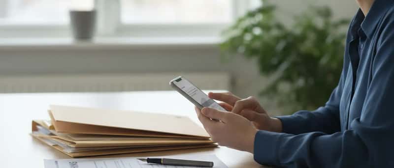 Person som skriver en fråga på sin mobiltelefon med pärmar och försäkringsdokument på bordet
