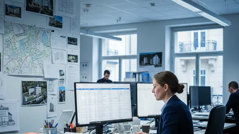 HR-chef på ett byggföretag i Göteborg granskar lönerevisionstabeller på en datorskärm