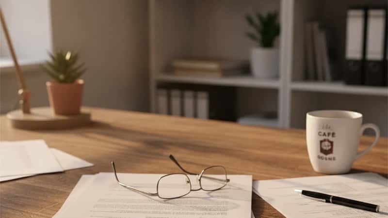 Règlement de copropriété ouvert sur un bureau avec un stylo et des papiers administratifs dans un immeuble bordelais