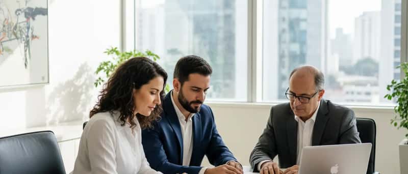 Casal brasileiro revisando documentos financeiros com um advogado em escritório profissional