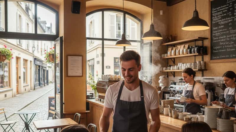 Server in a Hillsboro Oregon coffee shop delivering food — tipped workers earn full minimum wage in Oregon with no tip credit