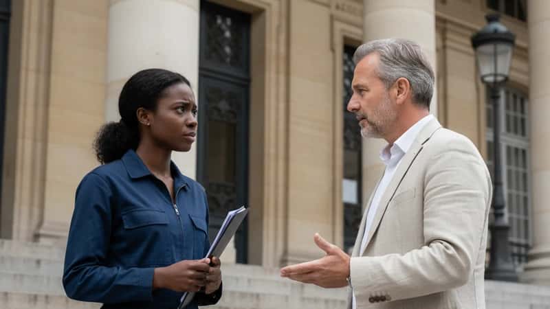 Attorney and client in mid-conversation on Shreveport courthouse steps, discussing employment rights