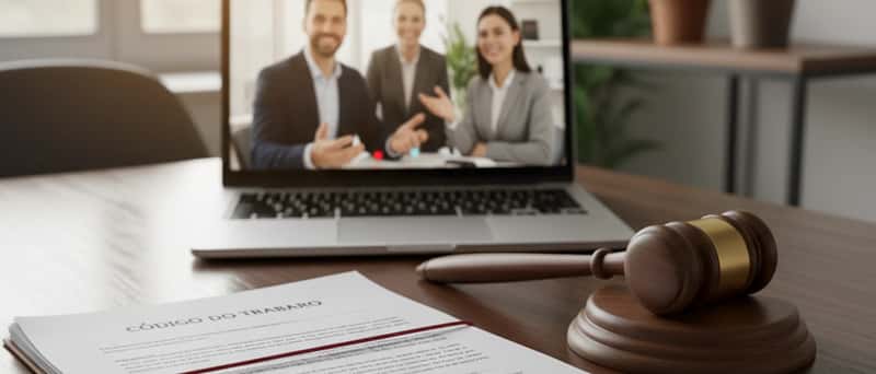 Trabalhadora portuguesa a consultar um advogado trabalhista por videochamada num escritório doméstico em Lisboa