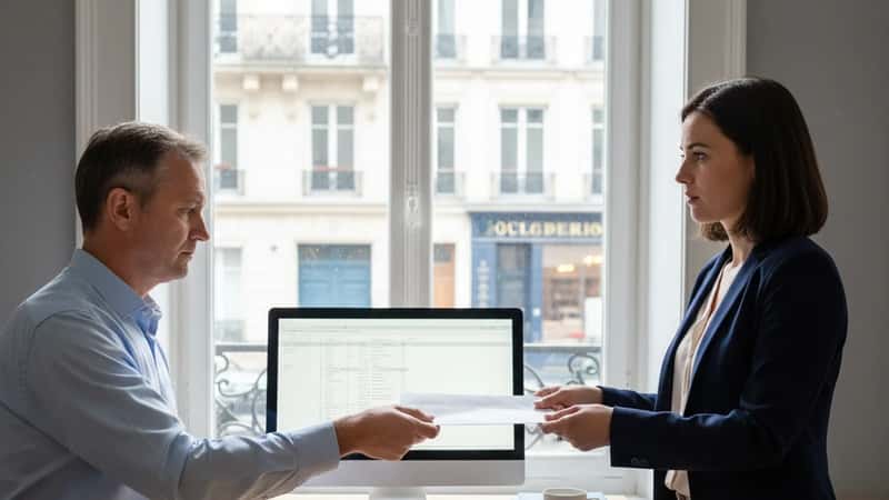 HR administrator handing a final paycheck envelope to a departing employee across a South Dakota office desk