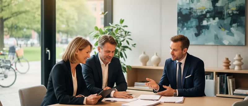 Dansk par gennemgår dokumenter sammen med en rådgiver i et moderne skandinavisk kontor