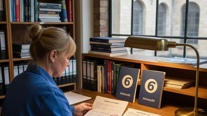 Facklig representant granskar varselorder och turordningslista på fabrikskontor i Linköping