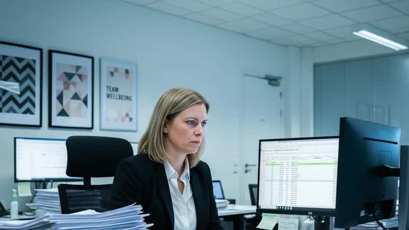 Norsk lønnsadministrator med sykepenge-dokumenter og NAV-skjemaer på kontoret i Stavanger