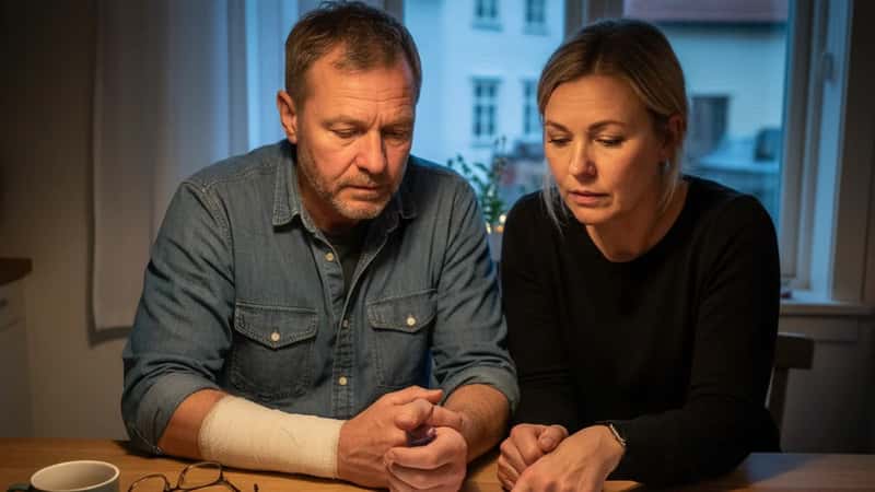 Skadet norsk industriarbeider og kone gjennomgår NAV-skjemaer hjemme i Bergen