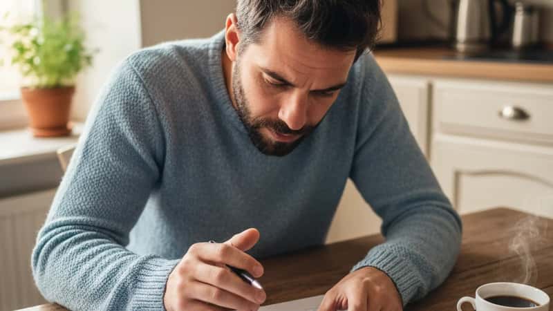 Père français à Toulouse étudiant les documents CAF et le calcul des indemnités journalières du congé de naissance sur sa table de cuisine