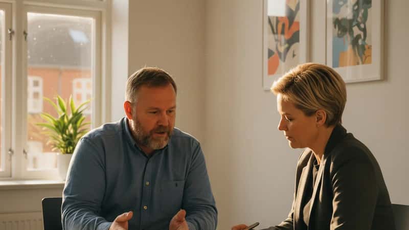 FOA-tillidsrepræsentant og afdelingsleder diskuterer vagtplan i kontor i Odense