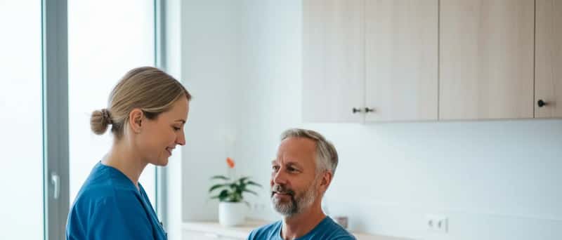 Sygeplejerske måler blodtryk på patient i en moderne dansk klinik med skandinavisk indretning