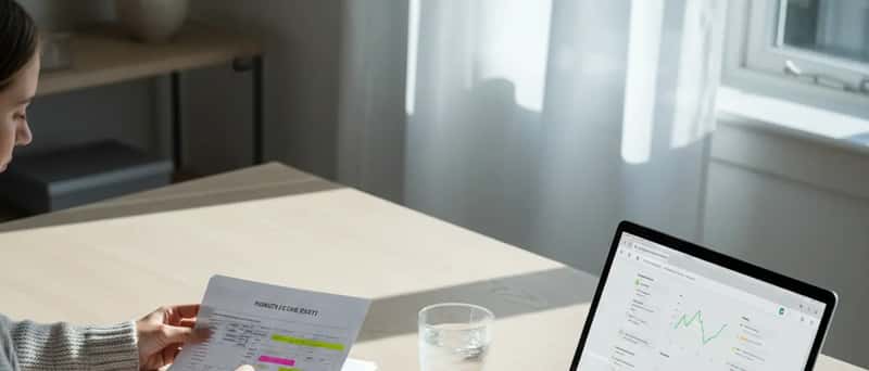 Helbredsresultater og stetoskop på et lyst skrivebord i et dansk hjem med morgenlys