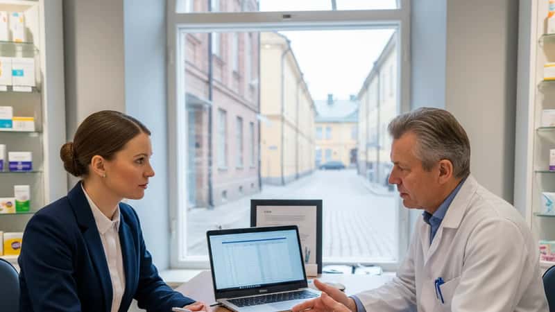 Apteekkarin ja farmaseutin yhteinen palaveri TES-asiakirjojen äärellä Turussa