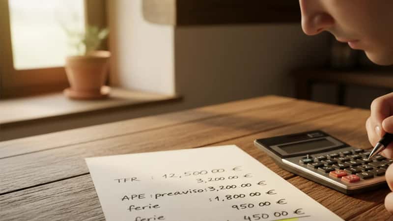 Calcolo liquidazione a mano su foglio con 5 voci: TFR, APE, preavviso, ferie e differenze a Bergamo