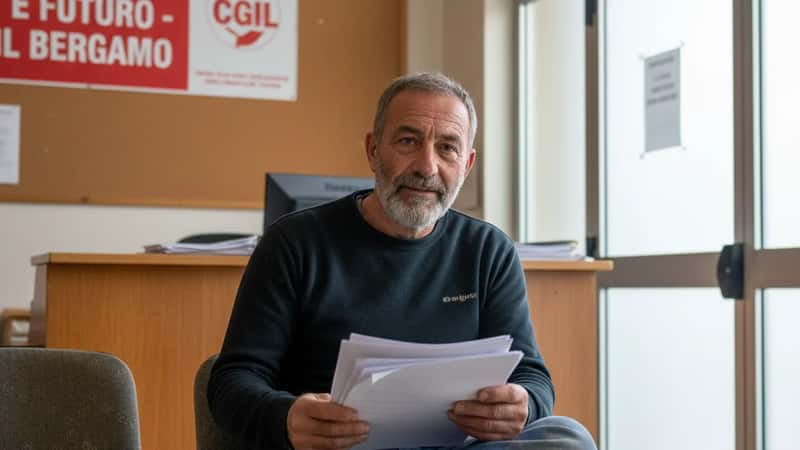 Lavoratore edile bergamasco in sala d'attesa allo sportello sindacale con documenti in mano