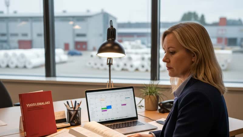 HR-johtaja tarkastelee vuosilomaoikeuksia ja Vuosilomalakia Kotkan paperitehtaan toimistossa