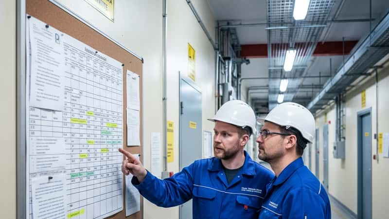 Paperiteollisuuden työntekijät katsovat kesäloma-aikataulua tehtaan ilmoitustaululla Tampereella