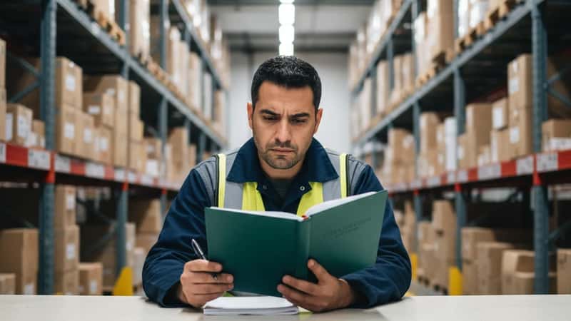 A Hispanic warehouse worker reading a collective bargaining agreement booklet at a break room table in a US distribution center
