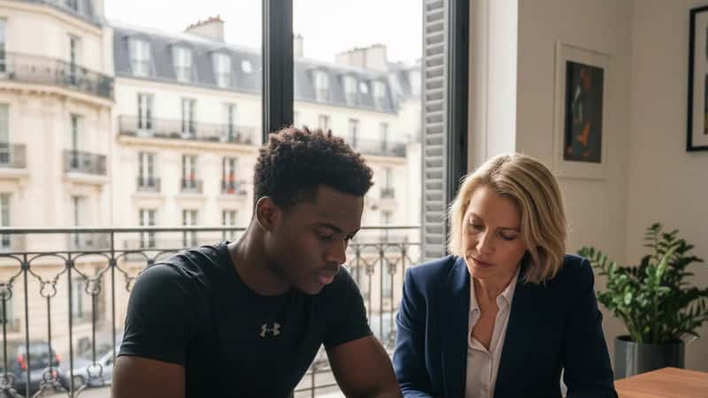A young professional athlete reviewing a sports league contract with his agent at a New York agency conference table, both focused on the salary clause details