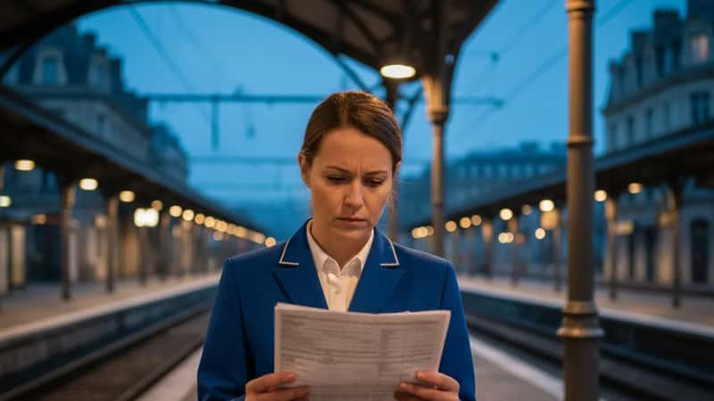 Tågvärd på Göteborgs centralstation i gryningen kontrollerar schema inför storhelgspass