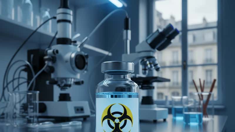 Flacon de confinement avec symbole biologique sur une paillasse de laboratoire à Grenoble, éclairage bleu fluorescent