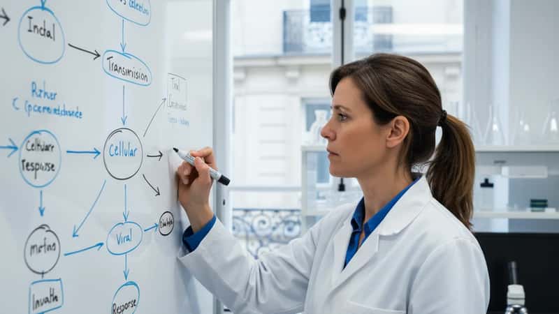 Scientifique à Strasbourg écrivant un schéma de transmission virale sur un tableau blanc, blouse blanche, expression concentrée
