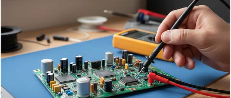 Electronics technician using an oscilloscope to diagnose a circuit board in a UK repair workshop