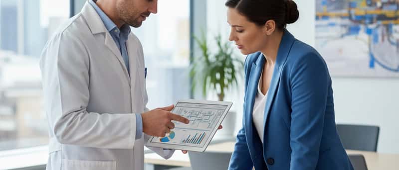 Professional electronics technician discussing a diagnostic report with a business owner in a modern British office