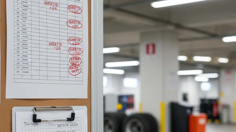 Vagtplan for rutebuschauffør på opslagstavle i busdepot i Vejle med røde markeringer af overarbejdstimer og lønnoter på clipboard
