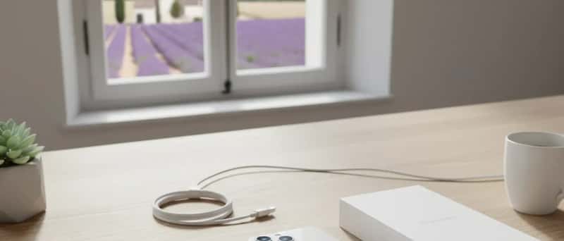 Ny smarttelefon i hvit emballasje med tilbehør på et nordisk skrivebord i dagslys