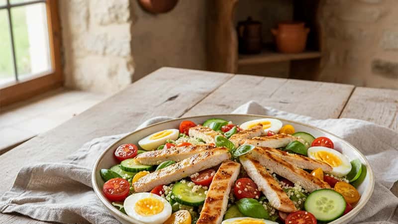 Grande salade composée estivale vue du dessus dans un bol sur une table en bois, poulet grillé, tomates cerises, concombre, œufs durs, quinoa, basilic frais