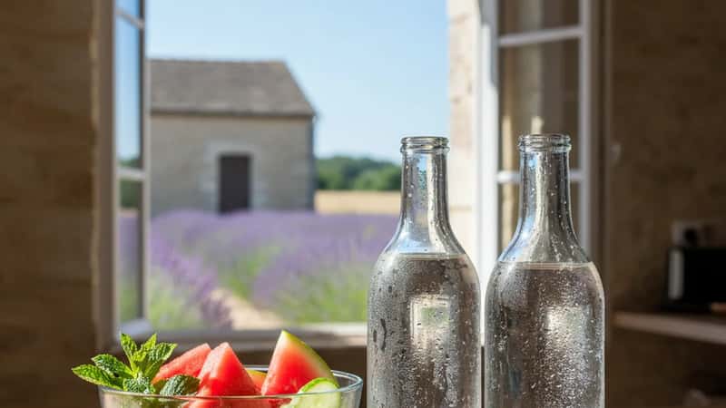 Bouteilles d'eau et fruits d'été coupés sur un plan de travail de cuisine française, pastèque, concombre, menthe, condensation sur le verre